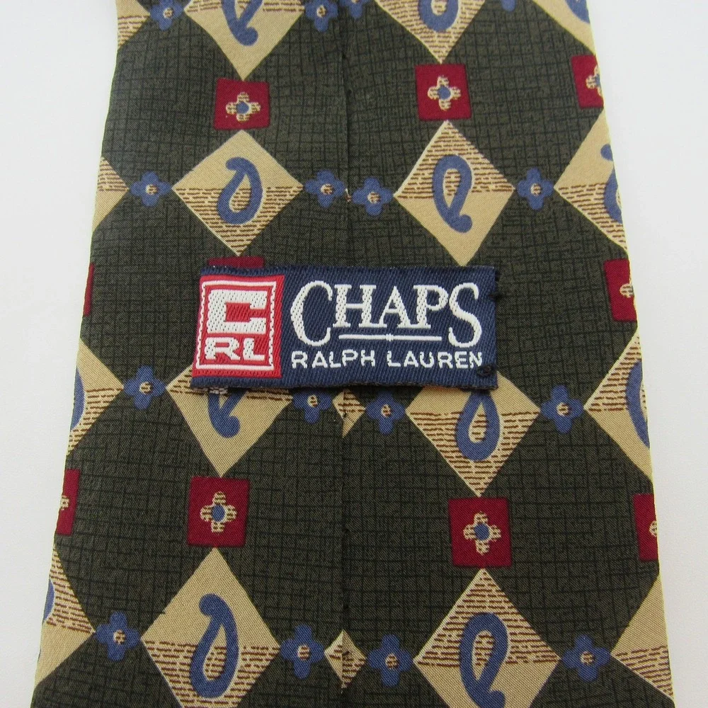 Chaps Necktie Mens OS Green Silk Paisley Diamond Geometric USA Made